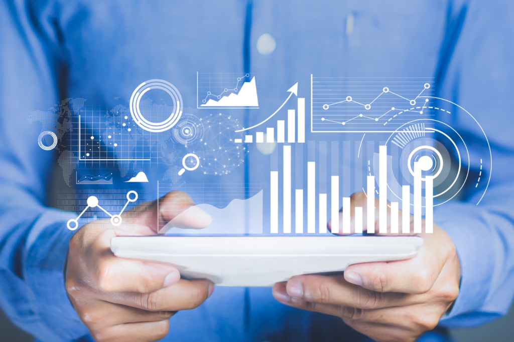 Data analytics dashboard displaying graphs, trends, and key performance indicators.